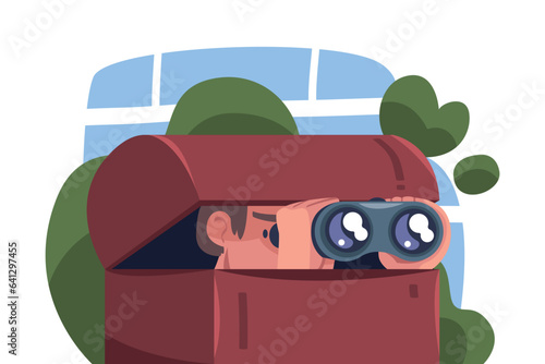 Man Spy Character Investigating Sitting in Chest with Binoculars Vector Illustration