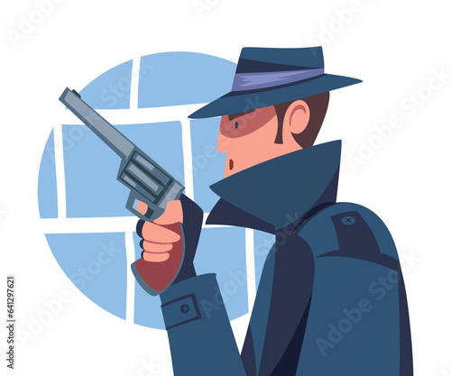Man Spy Character in Black Coat and Hat with Handgun Investigating Vector Illustration