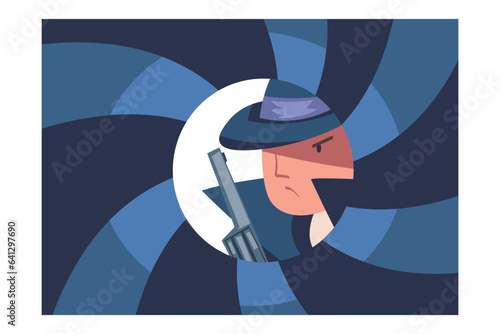 Man Spy Character in Black Coat and Hat with Handgun Investigating Vector Illustration