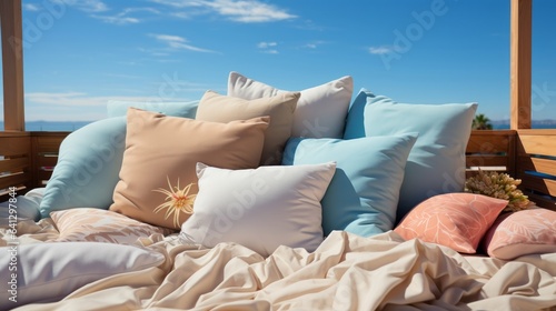 A bunch of pillows that are on a bed. Generative AI. © ProVector