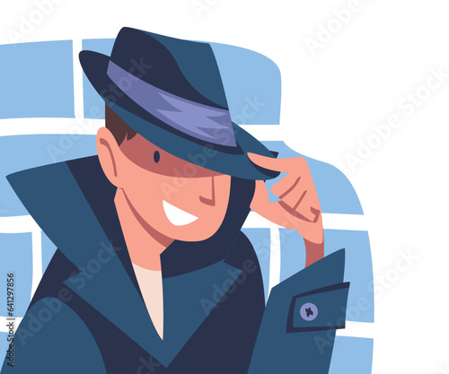 Man Spy Character in Black Coat and Hat Investigating Vector Illustration