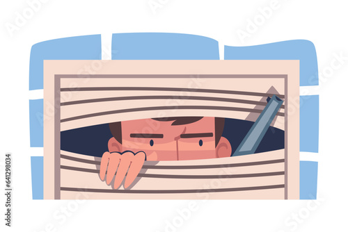 Man Spy Character Investigating Looking Through Eyehole Vector Illustration