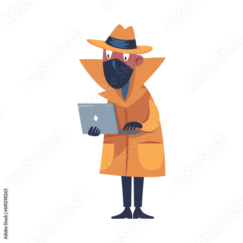 Man Spy Character in Mustard Coat and Hat with Laptop Investigating Vector Illustration