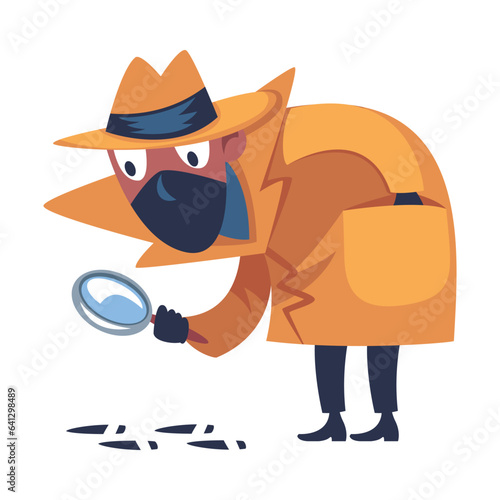 Man Spy Character in Mustard Coat and Hat with Loupe Investigating Vector Illustration