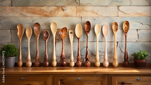 A rustic collection of kitchen utensils wooden spoons. Generative AI.