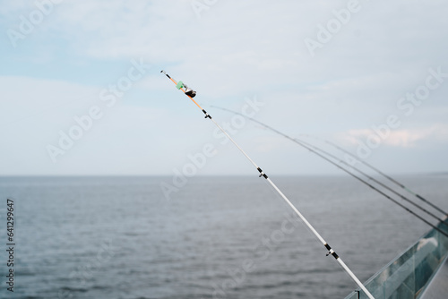 Row of fishing rods on bridge against backdrop of sea