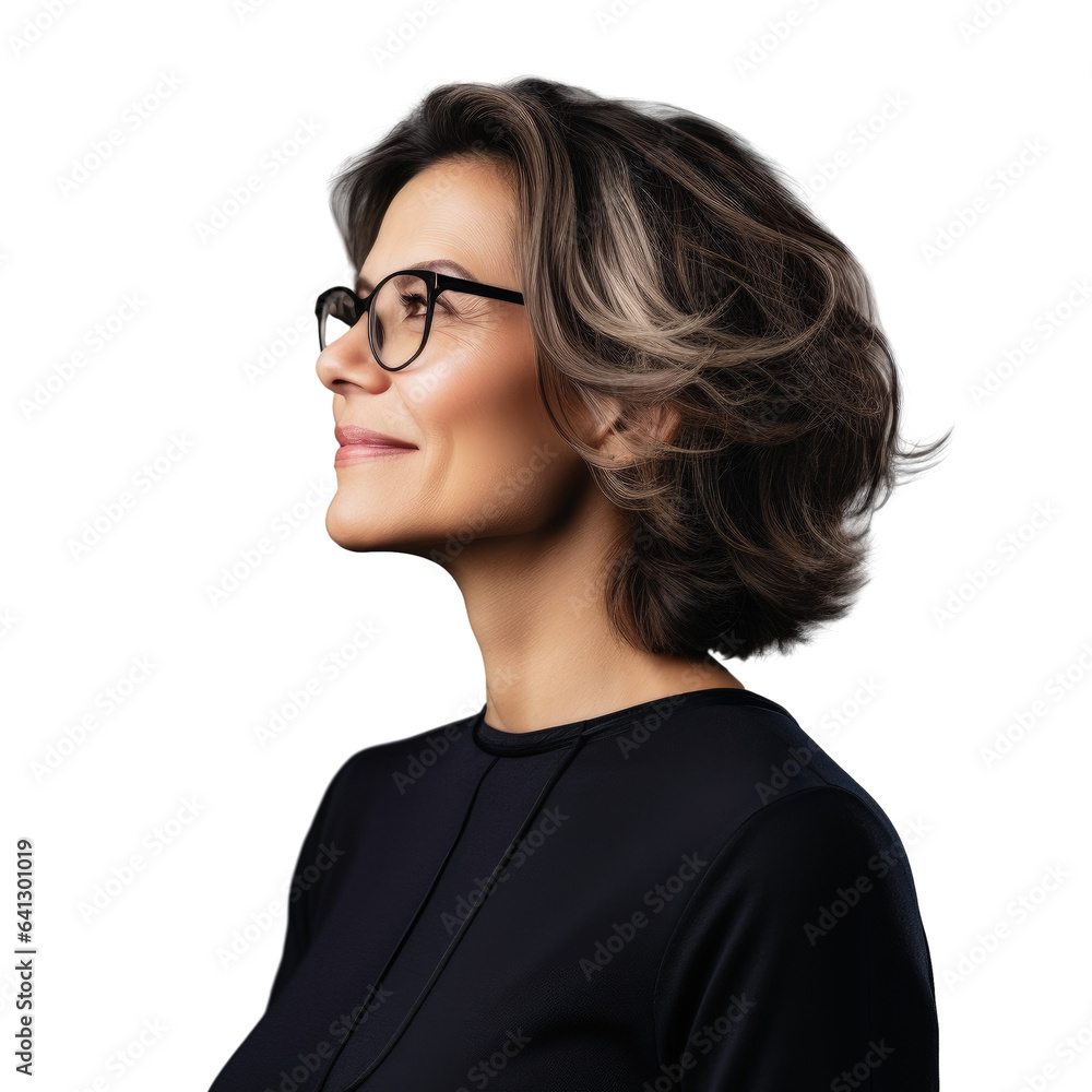 Confidently smiling businesswoman wearing glasses standing over a transparent background looking to the side