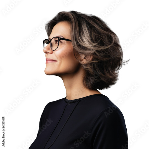 Obraz na płótnie Confidently smiling businesswoman wearing glasses standing over a transparent background looking to the side w salonie