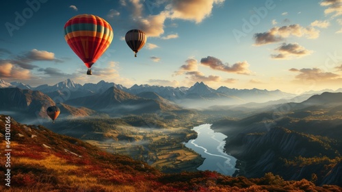 Air balloon flying over a mountain peak. Generative AI. © ProVector