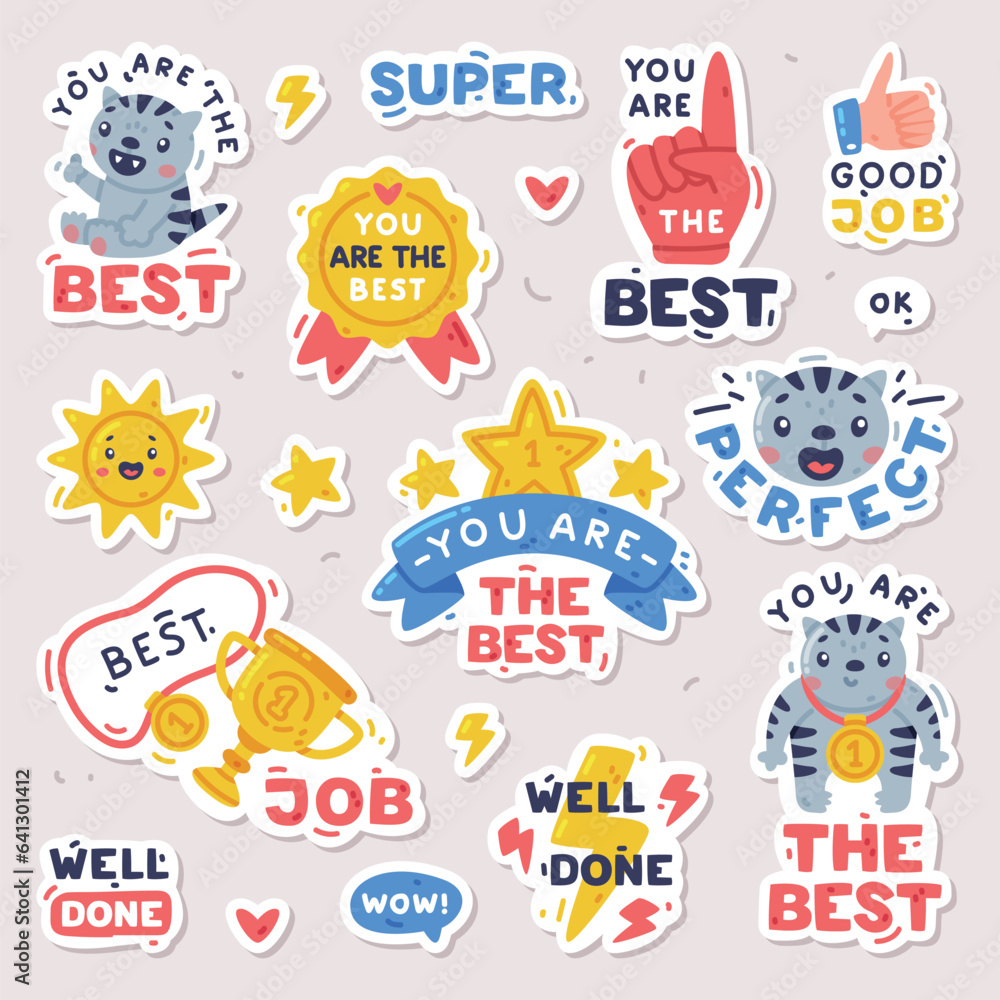 Fototapeta premium Bright Stickers Design with Positive Saying Vector Set