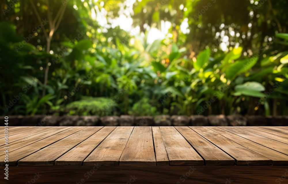 Empty rustic old wooden boards table copy space with blurred vegetables garden in background. Product display template. Generative AI