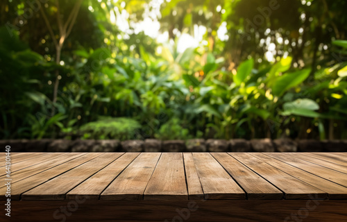 Empty rustic old wooden boards table copy space with blurred vegetables garden in background. Product display template. Generative AI
