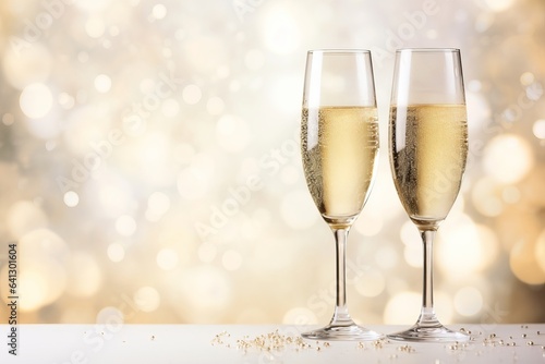 Two glasses with sparkling wine champagne on a festive winter holiday background, bokeh lights