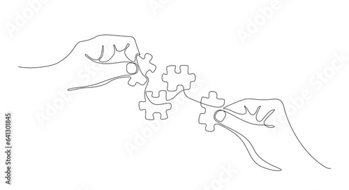 Continuous line drawing of hands solving puzzle pieces, jigsaw. Hands connecting puzzle pieces. One line drawing for Business matching, teamwork concept, business metaphor of solving problem, strategy