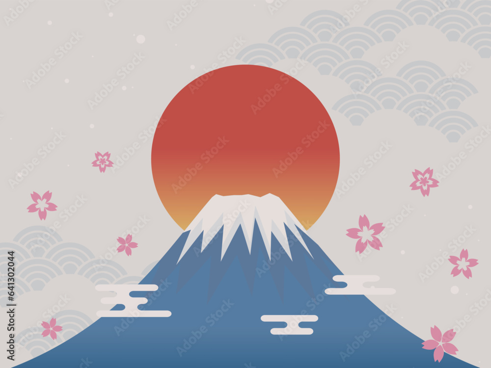 Obraz premium 浮世絵風の富士山と日の出 桜