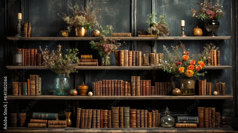 Antique bookshelf with old fashioned books and vase. Generative AI.