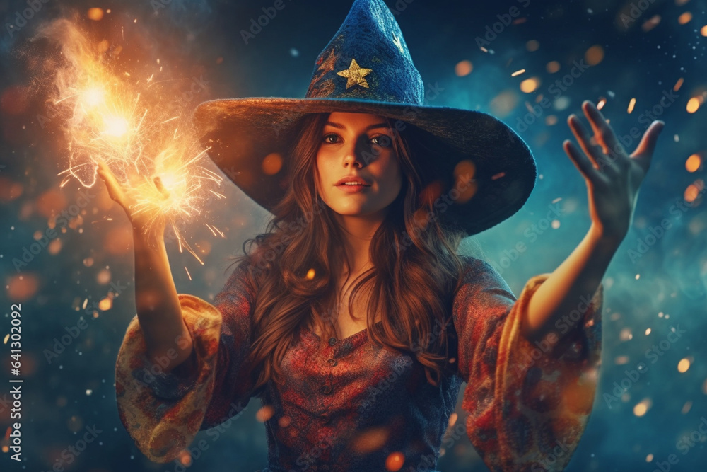Illustration of young witch in hat with fire in hands on Halloween holiday Illustration of young witch in hat with fire in hands on Halloween holiday