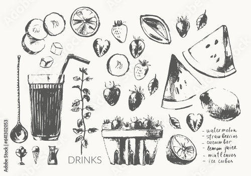 Hand drawn summer watermelon smoothie recipe illustration