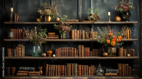 Antique bookshelf with old fashioned books and vase. Generative AI.
