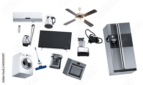 Fotografi Home appliances flying in the air 3D render on grey background Group of black re
