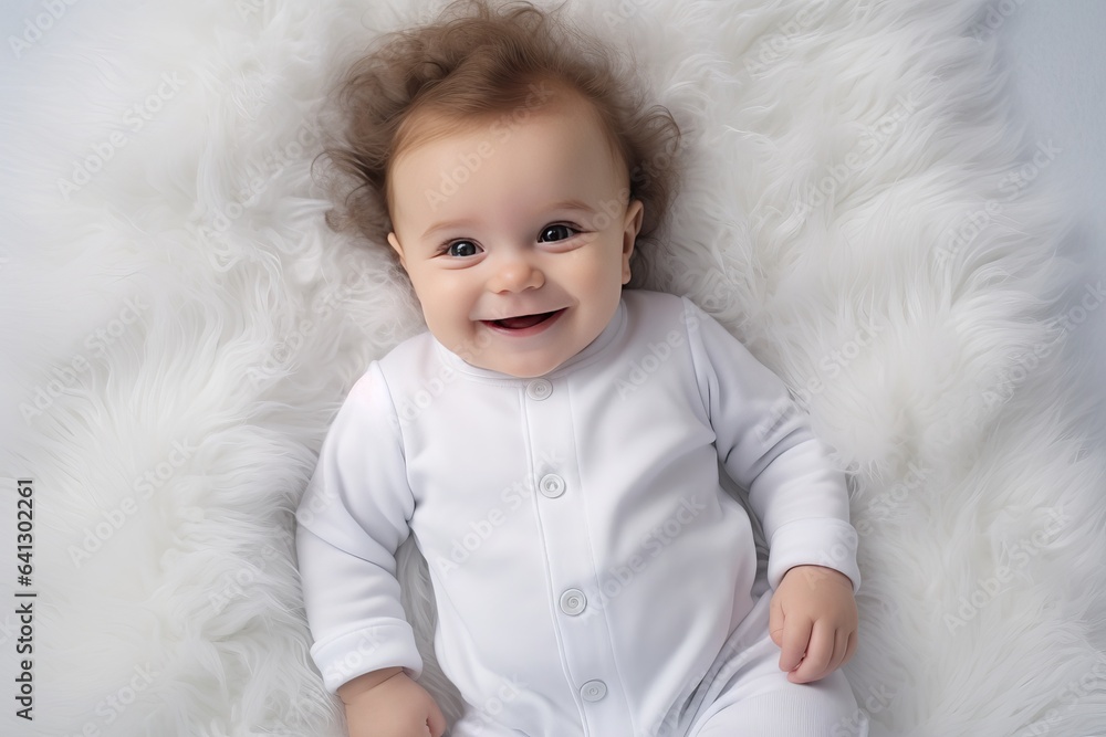 Product print template or mock-up for children's clothes: a caucasian baby wearing a white bodysuit or a t-shirt, smiling and laying on the furry grey blanket Product print template or mock-up for children's clothes: a caucasian baby wearing a white bodysuit or a t-shirt, smiling and laying on the furry grey blanket
