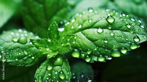 Green Leaves texture with water drops background. Beautiful bright fresh natural close-up of herb greens..