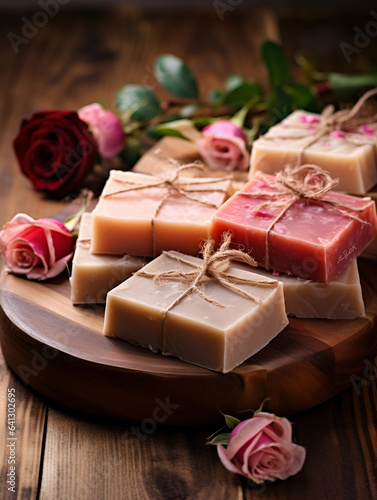 Natural homemade soap with red roses aroma, wooden table and fresh flowers