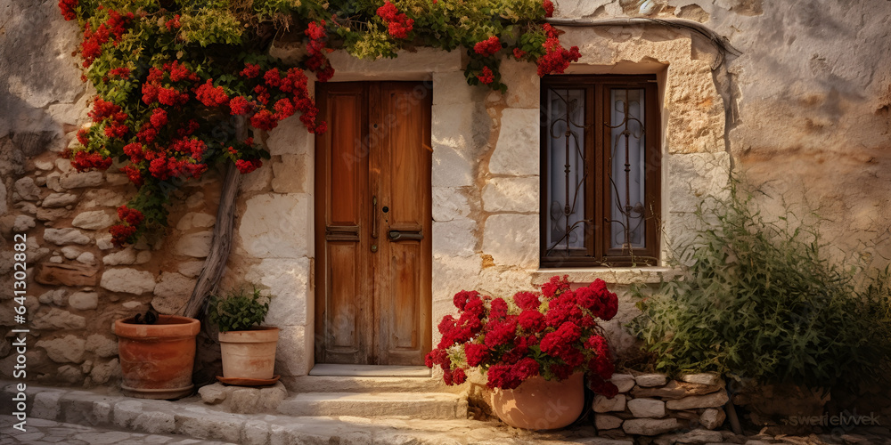 Red blooming roses and old wooden door in summer, Charming floral decorated streets of medieval towns of Italy, Beautiful wedding altar made of garland of spearworts and greene ,generative AI     