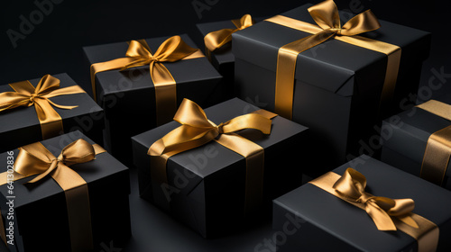 Gifts with gold ribbon against black background, Black Friday concept © GustavsMD