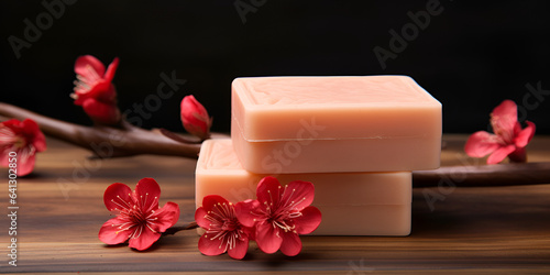 Natural homemade soap with red blossom flowers aroma, wooden table 