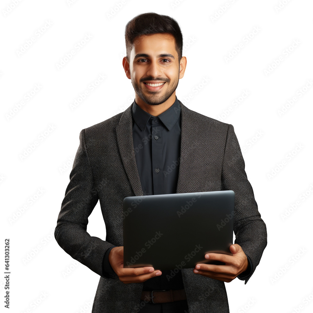 Attractive man of Indian or Arabian descent in a business suit holding a laptop smiles at the camera over a transparent background Attractive man of Indian or Arabian descent in a business suit holding a laptop smiles at the camera over a transparent background