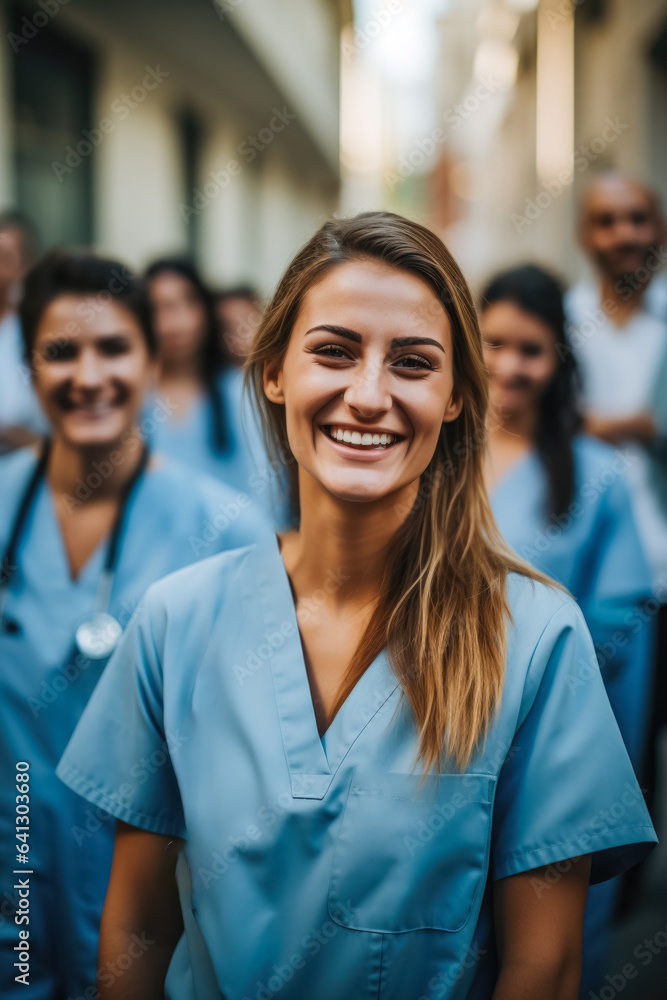 A team of doctors posing in a hospital smiling at the camera created using tools A team of doctors posing in a hospital smiling at the camera created using tools