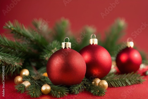 Christmas tree balls on green branches on a red background. Christmas mood