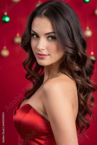 Close-up portrait of a girl with long hair in a festive red dress on a red background with balls © BoTanya