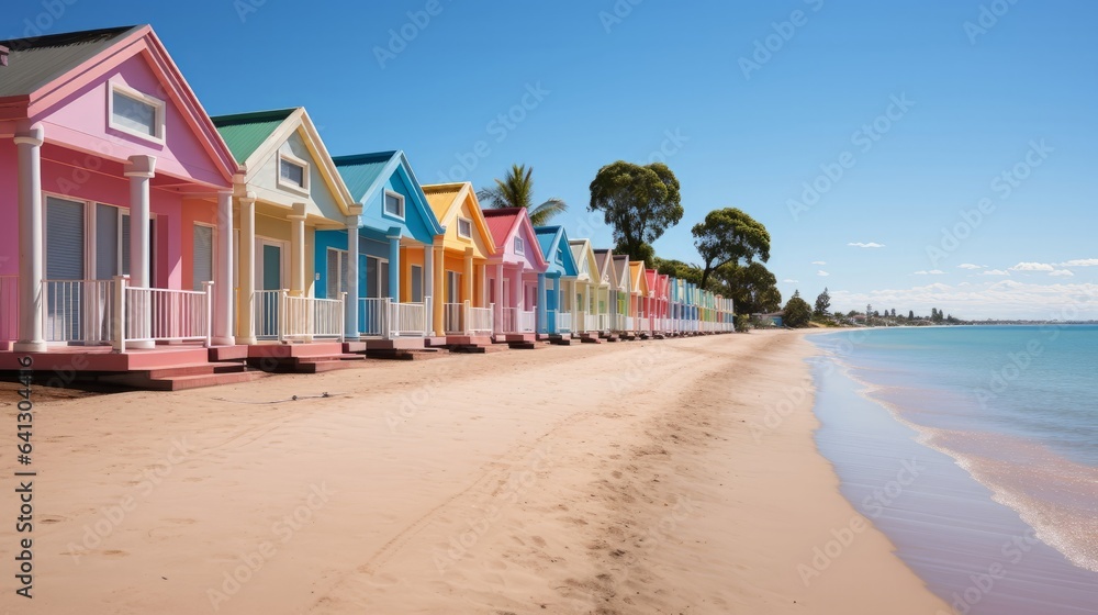 Obraz premium Cheerful colorful beach houses by the sea. Generative AI.