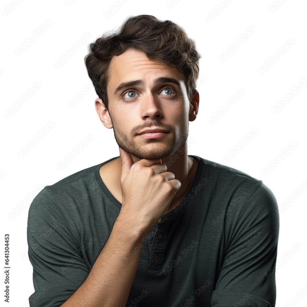 Cunning young man with skepticism looking away thinking with hand on chin in a studio Cunning young man with skepticism looking away thinking with hand on chin in a studio