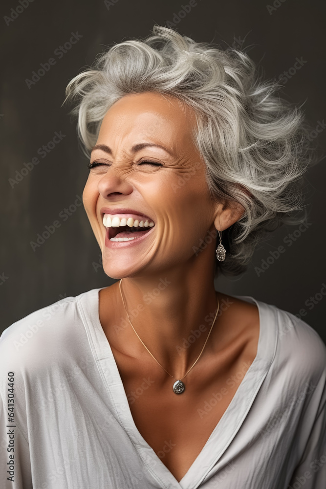 © fotogurme - Beautiful senior model woman with grey hair smiling and laughing emphasizing healthy skin and dental care