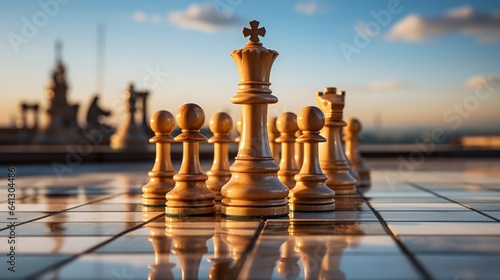 Chess king standing on a chess board close-up. Generative AI.