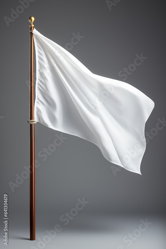 Closeup of a white flag waving on a flagpole against a gray background isolated , mockup photo