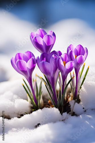 Crocuses vibrant purple flowers emerging from the snow blooming in early spring with room for text  © fotogurmespb