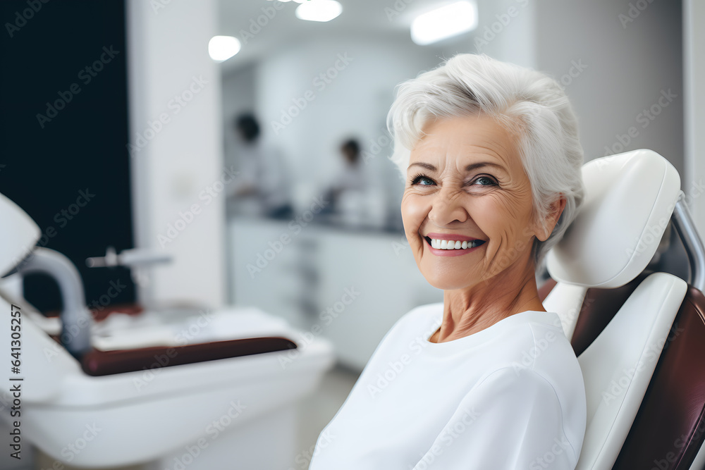 Fototapeta premium a photo of a handsome adult woman client patient at a dental clinic. cleaning and repairing teeth at a dentist doctor. laying on the orthodontic dental chair