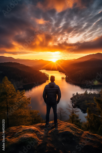 Man standing atop mountain admiring sunset over lake 