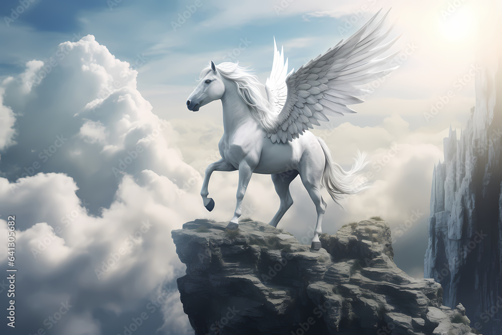 White pegasus unicorn in a rock cliff high above the clouds