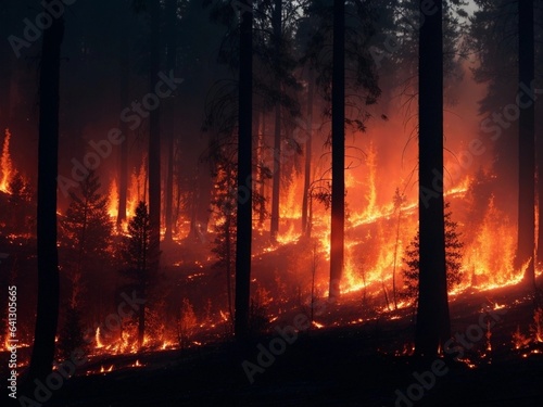 Burning Wilderness: Nighttime Fire Engulfs Pine Forest in Flames. Ai generative