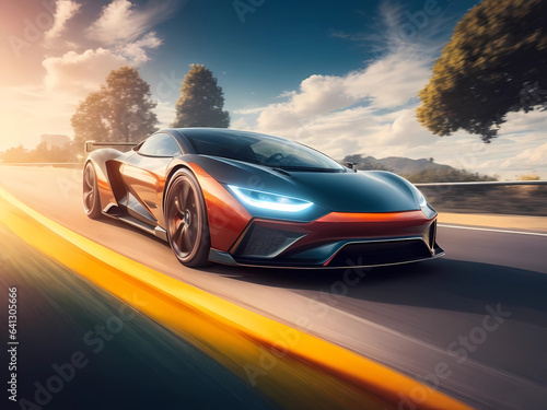 Racing the Wind: Futuristic Sports Car Speeds Down the Blurred Highway. Generative ai