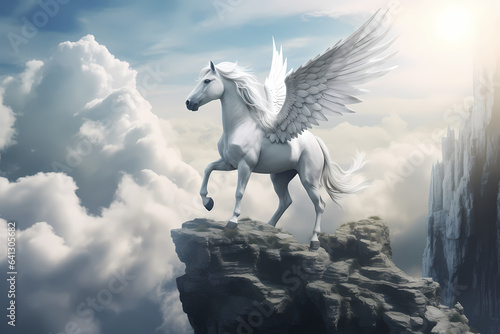 White pegasus unicorn in a rock cliff high above the clouds