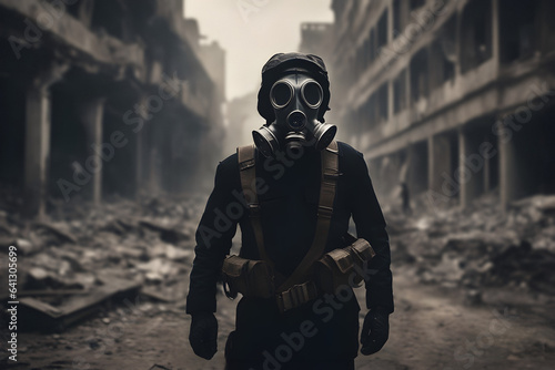 Post-Apocalyptic Survivor: Man in Gas Mask Explores Ruined Building. Ai generative