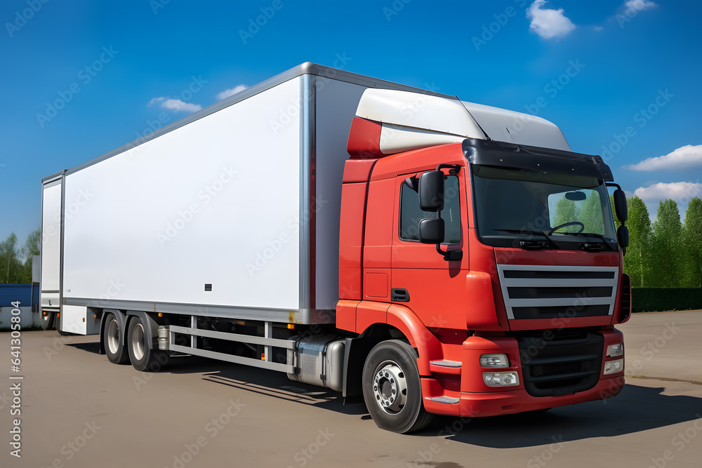 Semi trailer truck on the parking lot. lorry, cargo freight truck transportation