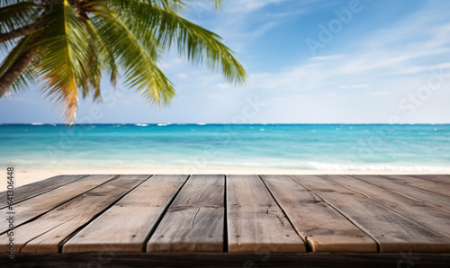 beach with empty wooden table for product display 