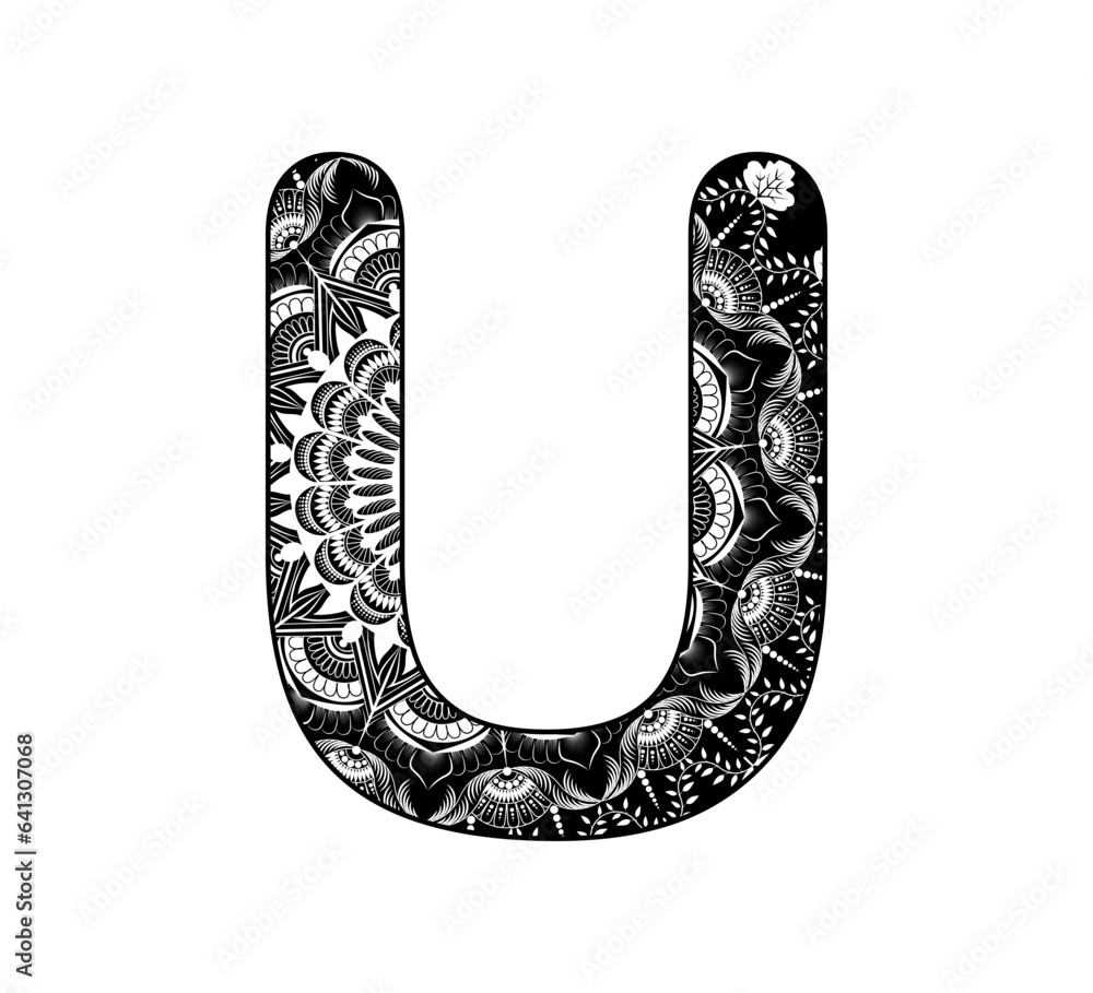 Vector design for adults. Contour black and white Capital English Letter U alphabet background with ornamental mandala design
Vector design for adults. Contour black and white Capital English Letter U alphabet background with ornamental mandala design